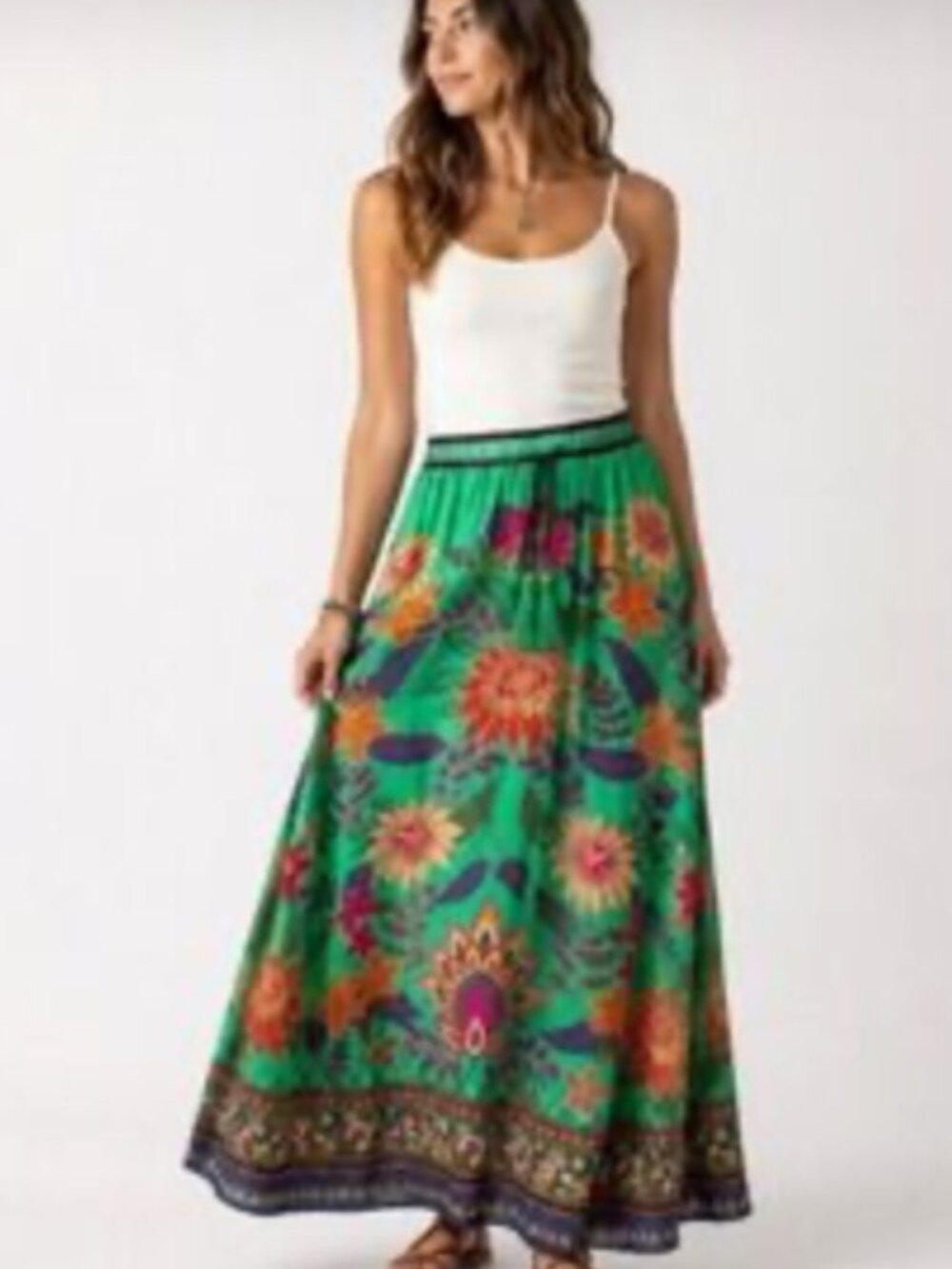 Natural Life Milena Maxi Skirt Green Bright Floral Border XL